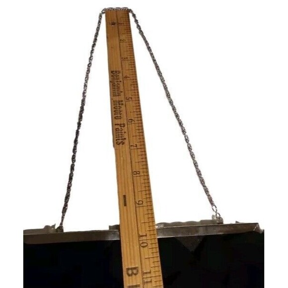 Vtg. Formal Purse Handbag In Satiny Black Tulle Silver Chain Strap Kiss Lock - Picture 10 of 11